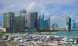 Miami skyline during MIBS Miami International Boat Show.