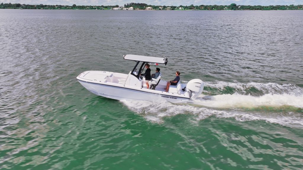 Twin Vee 22 BayCat bay boat running with a Yamaha 250 HP engine inshore.