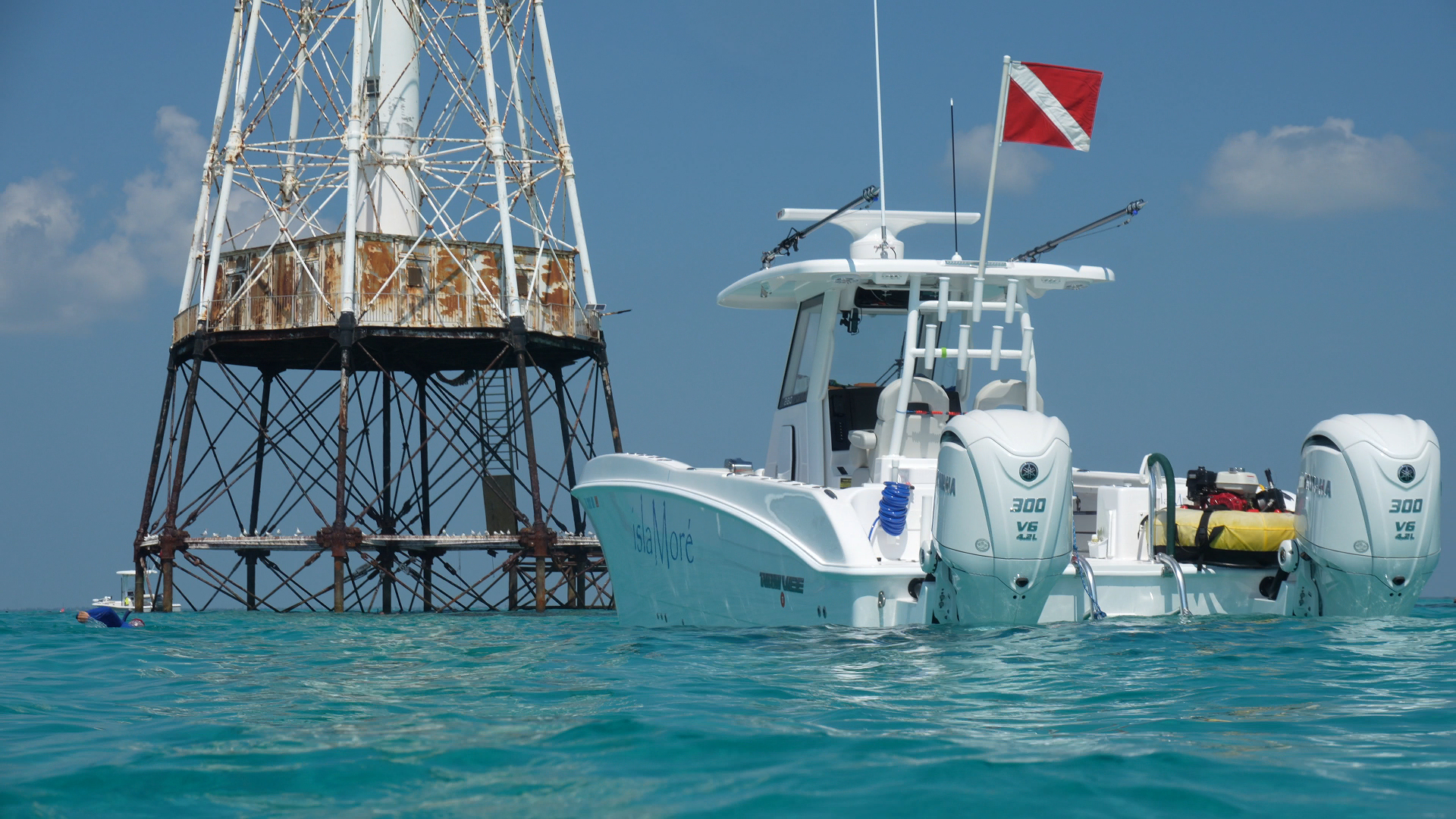 Twin Vee 280 FX2 center console catamaran at Alligator Lighthouse in Islamorada, FL.